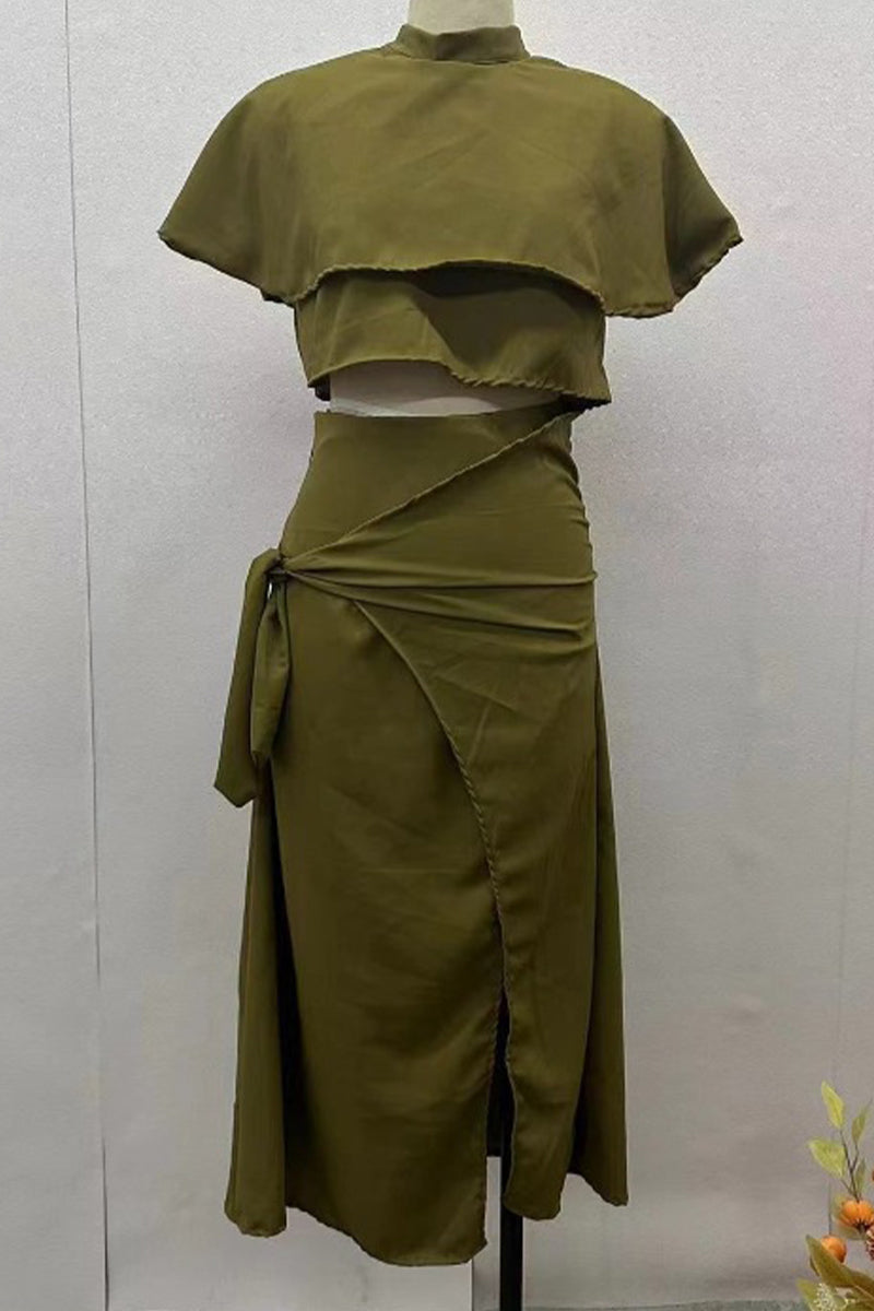 Color Slit Irregular Shawl Collar Short Sleeve Two Pieces