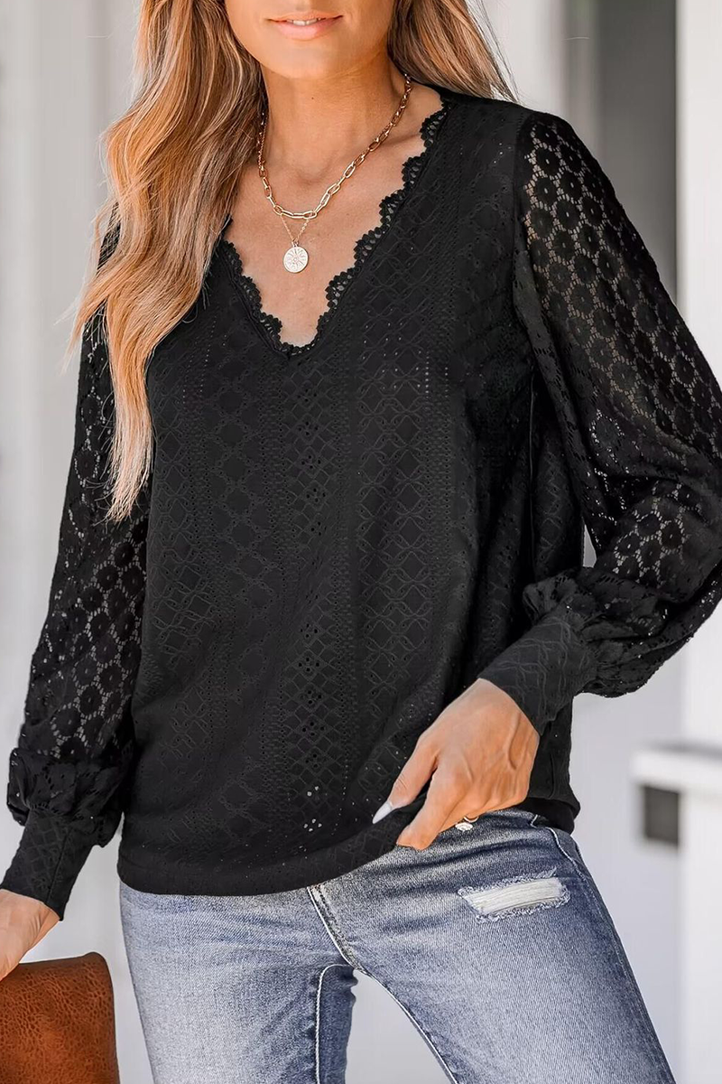 Street Color Lace V Neck Blouses