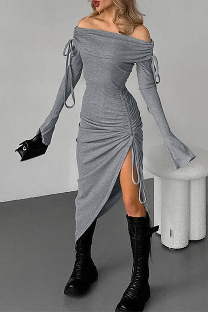 Color Draw String Off Shoulder Wrapped Skirt Dresses