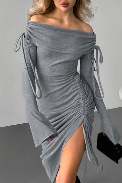 Color Draw String Off Shoulder Wrapped Skirt Dresses