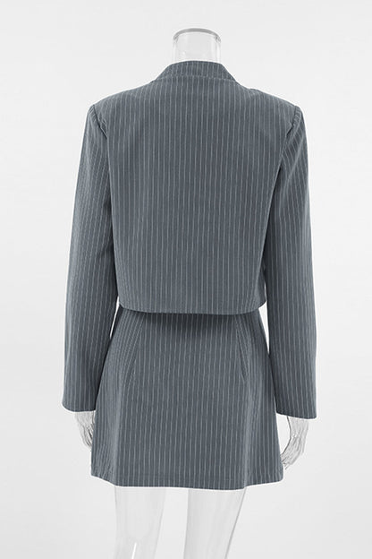 Stripe Buttons Patchwork Pleated Mandarin Collar Long Sleeve Two Pieces