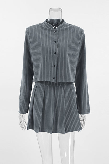 Stripe Buttons Patchwork Pleated Mandarin Collar Long Sleeve Two Pieces