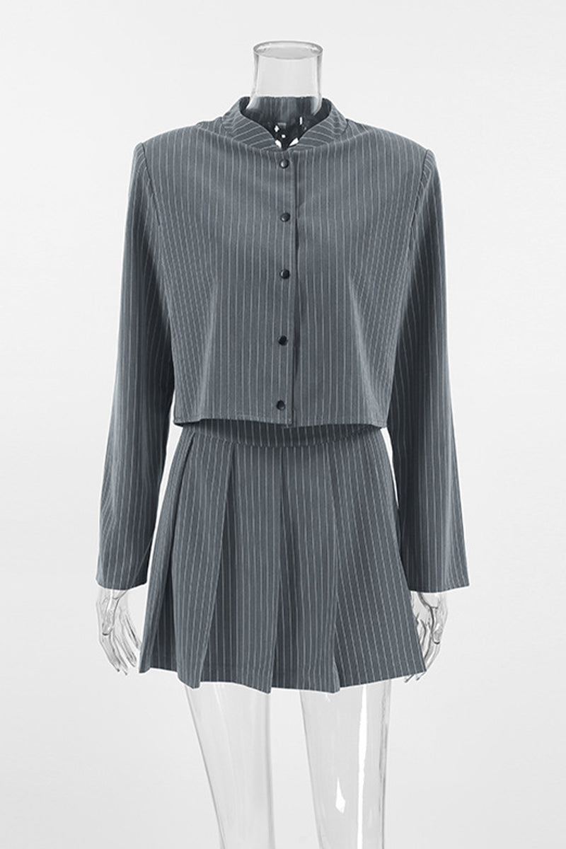 Stripe Buttons Patchwork Pleated Mandarin Collar Long Sleeve Two Pieces