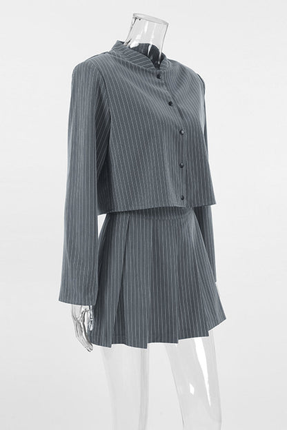 Stripe Buttons Patchwork Pleated Mandarin Collar Long Sleeve Two Pieces