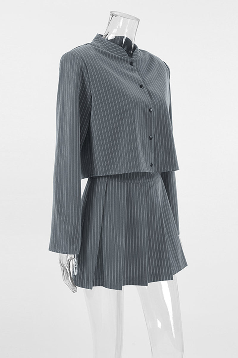 Stripe Buttons Patchwork Pleated Mandarin Collar Long Sleeve Two Pieces