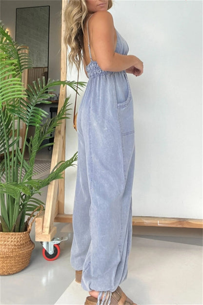 Color Patchwork Backless Spaghetti Strap Fitted Jumpsuits(5 Colors)