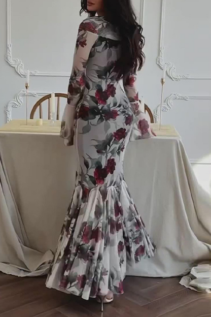 Flowers Print Patchwork Fishtail Square Neck Wrapped Skirt Dresses