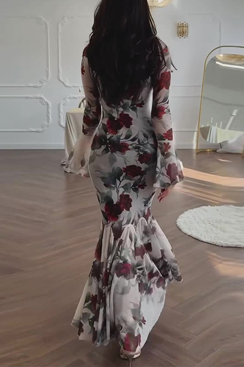 Flowers Print Patchwork Fishtail Square Neck Wrapped Skirt Dresses