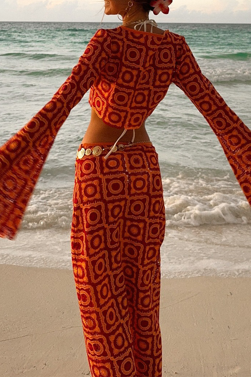 Vacation Color Hollow Out O Neck Long Sleeve Two Pieces
