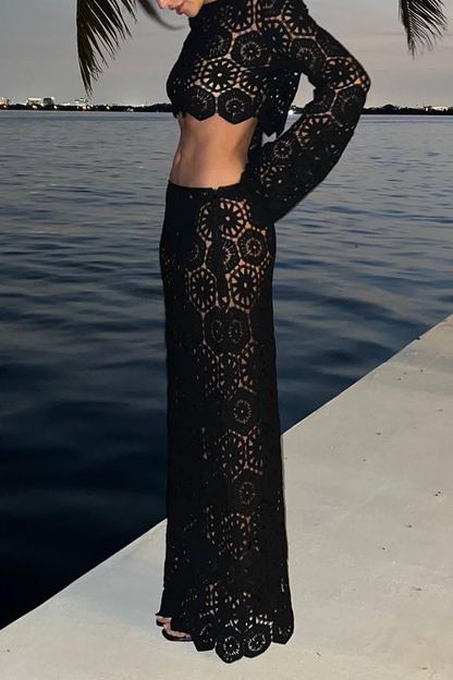 Vacation Color Hollow Out O Neck Long Sleeve Two Pieces