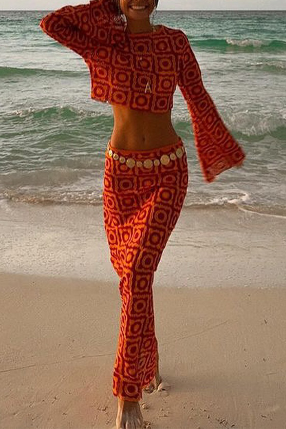 Vacation Color Hollow Out O Neck Long Sleeve Two Pieces