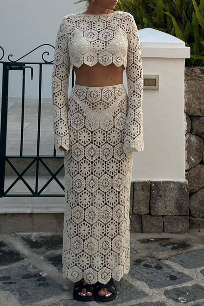 Vacation Color Hollow Out O Neck Long Sleeve Two Pieces