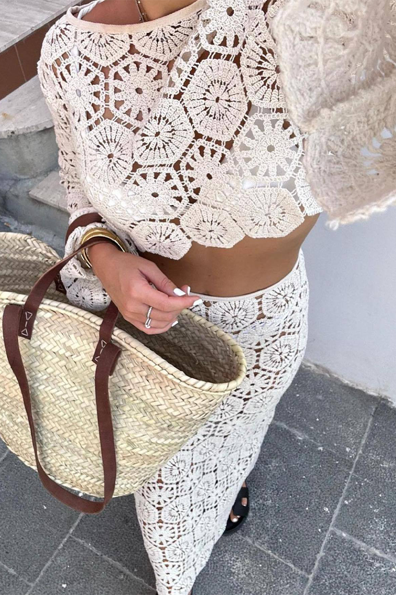 Vacation Color Hollow Out O Neck Long Sleeve Two Pieces