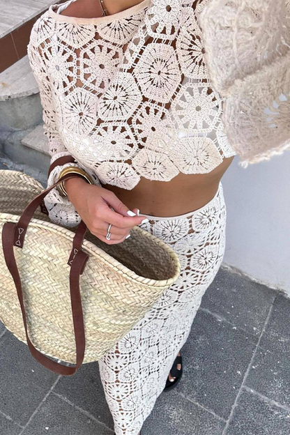 Vacation Color Hollow Out O Neck Long Sleeve Two Pieces