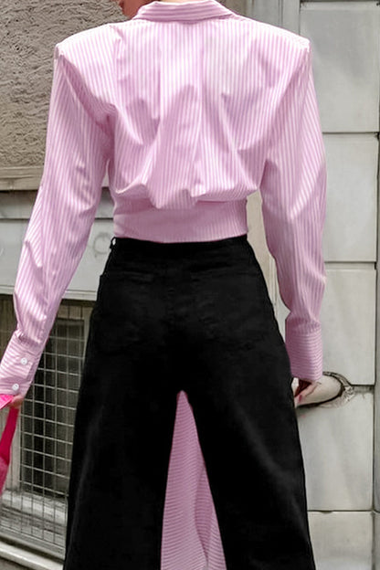 Street Striped Print Lace Up Buttons Turndown Collar Blouses