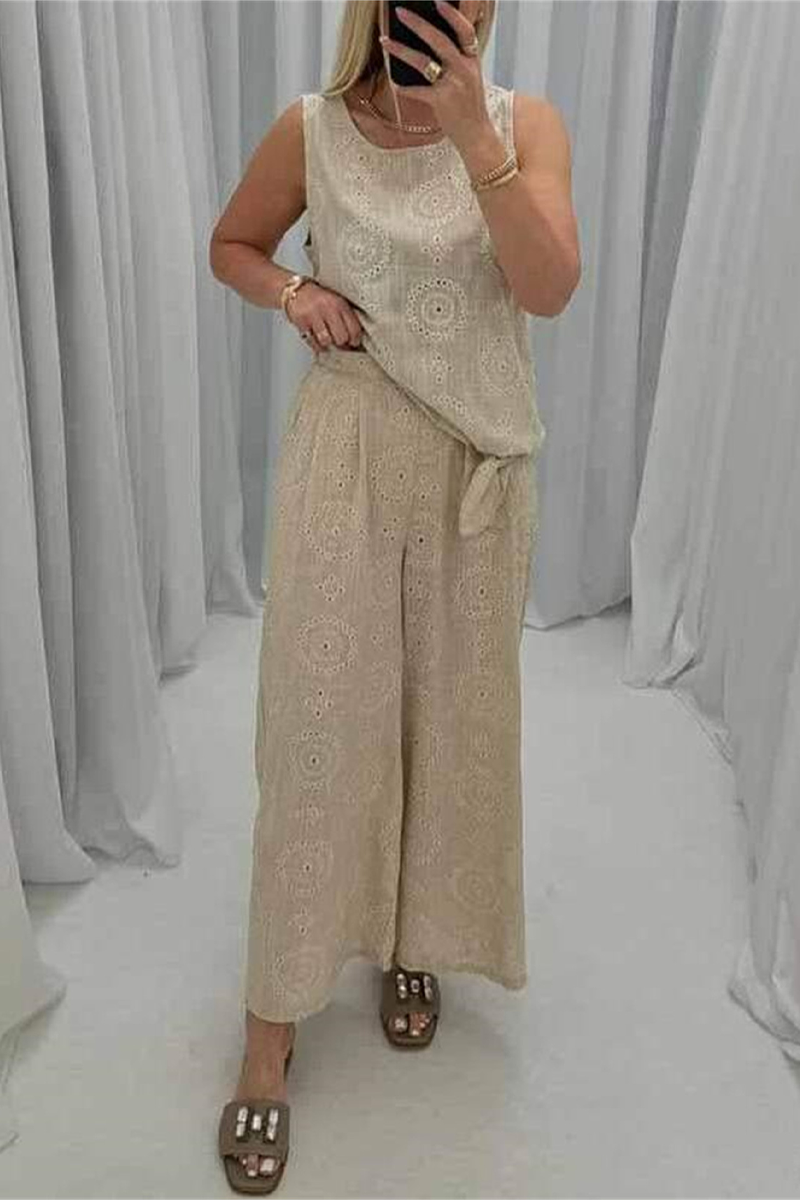 Daily Color Hollow Out Pocket O Neck Sleeveless Two Pieces