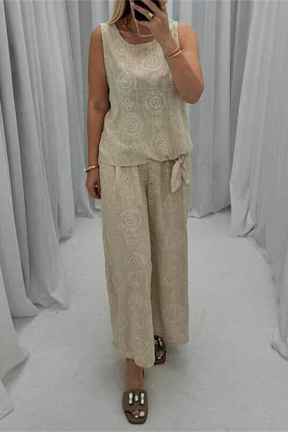 Daily Color Hollow Out Pocket O Neck Sleeveless Two Pieces