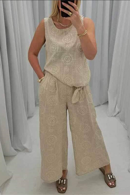 Daily Color Hollow Out Pocket O Neck Sleeveless Two Pieces