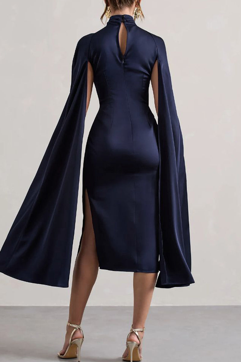 Street Color Hollow Out Patchwork Slit Turtleneck Long Dresses