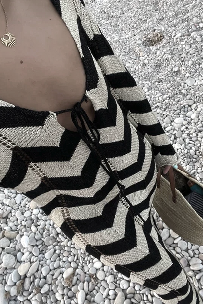 Colorblock Lace Up Weave V Neck One Step Skirt Dresses