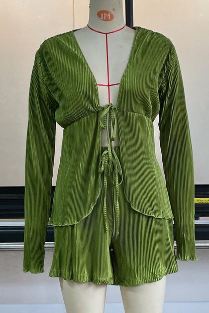 Color Lace Up Ruched V Neck Long Sleeve Two Pieces