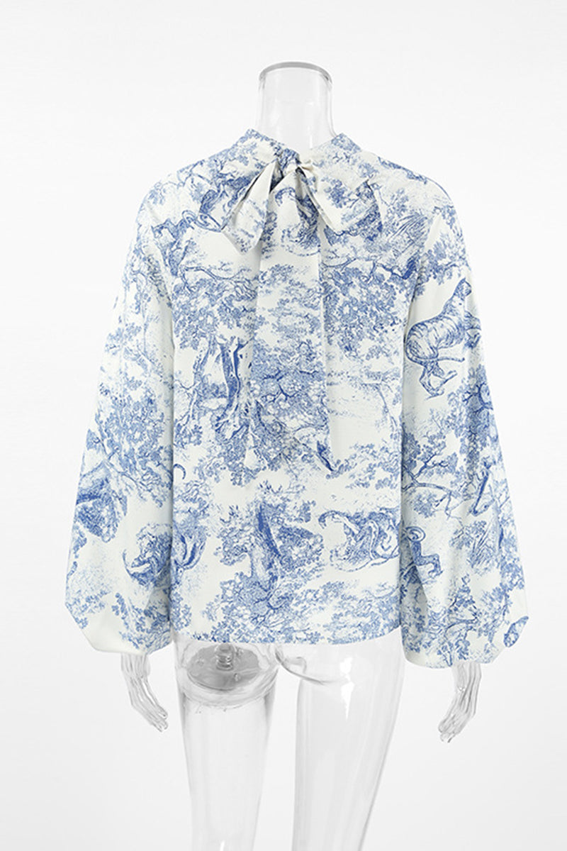 Bstreet Daily Landscape Printing Lace Up Mandarin Collar Blouses
