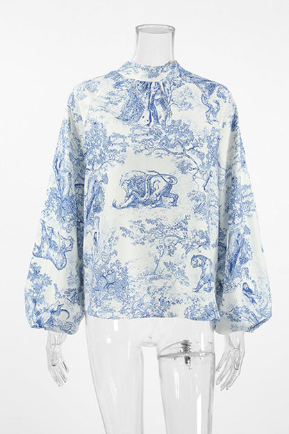 Bstreet Daily Landscape Printing Lace Up Mandarin Collar Blouses
