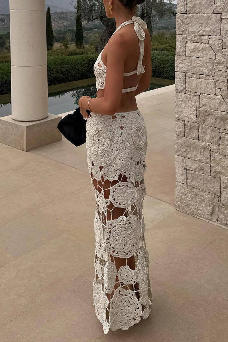 Color Hollow Out Lace Up Backless Halter One Step Skirt Dresses