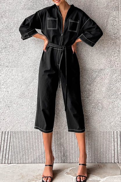 Color Lace Up Patchwork Turndown Collar Loose Jumpsuits