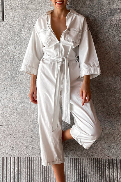 Color Lace Up Patchwork Turndown Collar Loose Jumpsuits