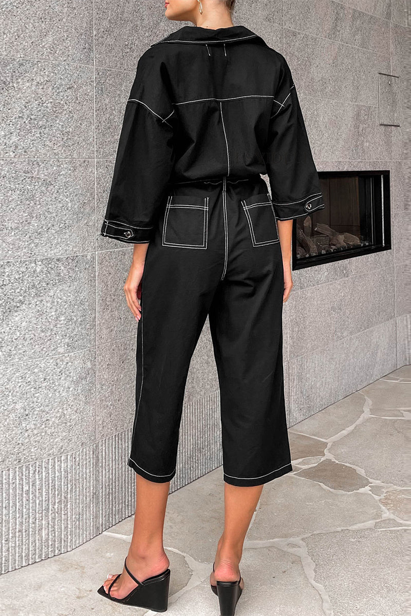 Color Lace Up Patchwork Turndown Collar Loose Jumpsuits