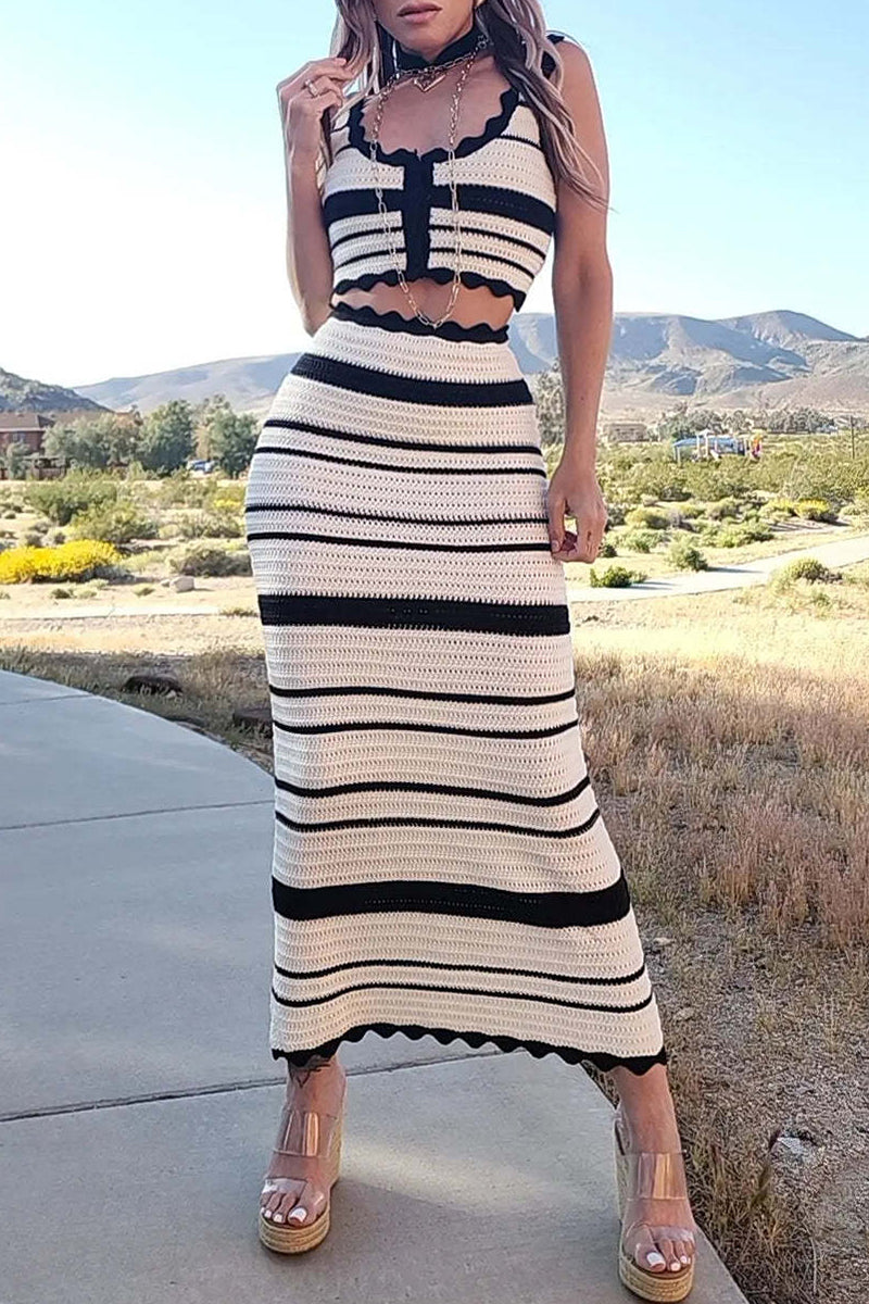 Stripe Weave Contrast U Neck Sleeveless Two Pieces