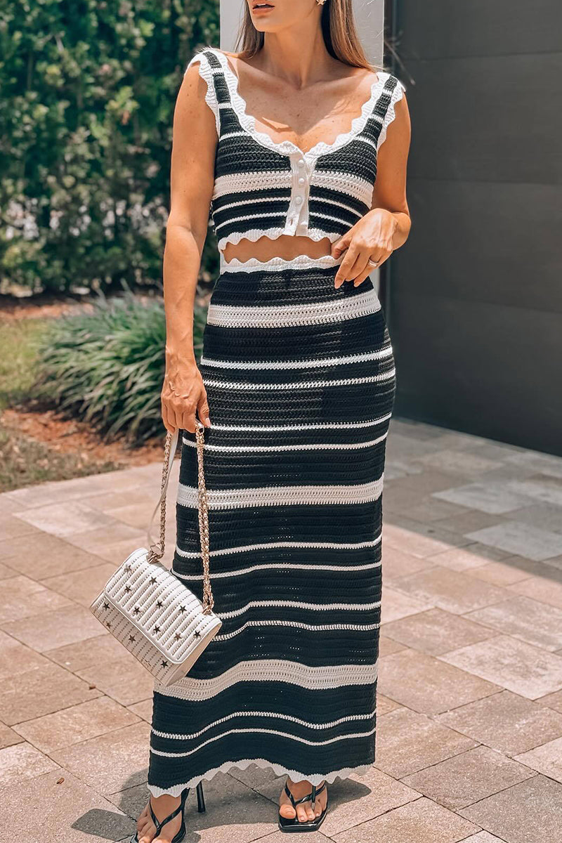Stripe Weave Contrast U Neck Sleeveless Two Pieces