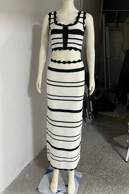 Stripe Weave Contrast U Neck Sleeveless Two Pieces