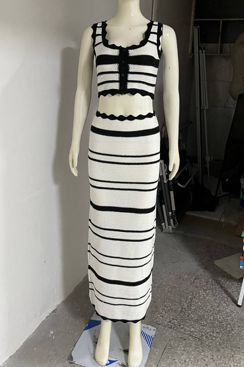 Stripe Weave Contrast U Neck Sleeveless Two Pieces