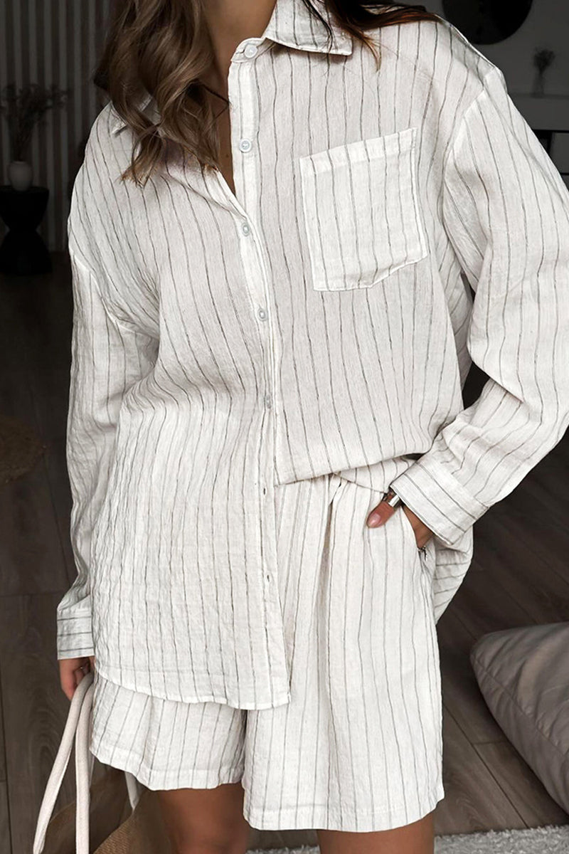 Daily Striped Print Pocket Buttons Turndown Collar Long Sleeve Two Pieces