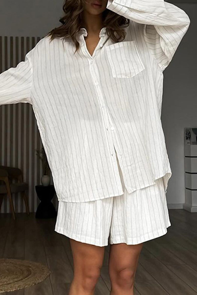 Daily Striped Print Pocket Buttons Turndown Collar Long Sleeve Two Pieces