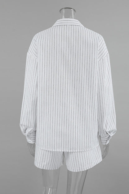 Daily Striped Print Pocket Buttons Turndown Collar Long Sleeve Two Pieces