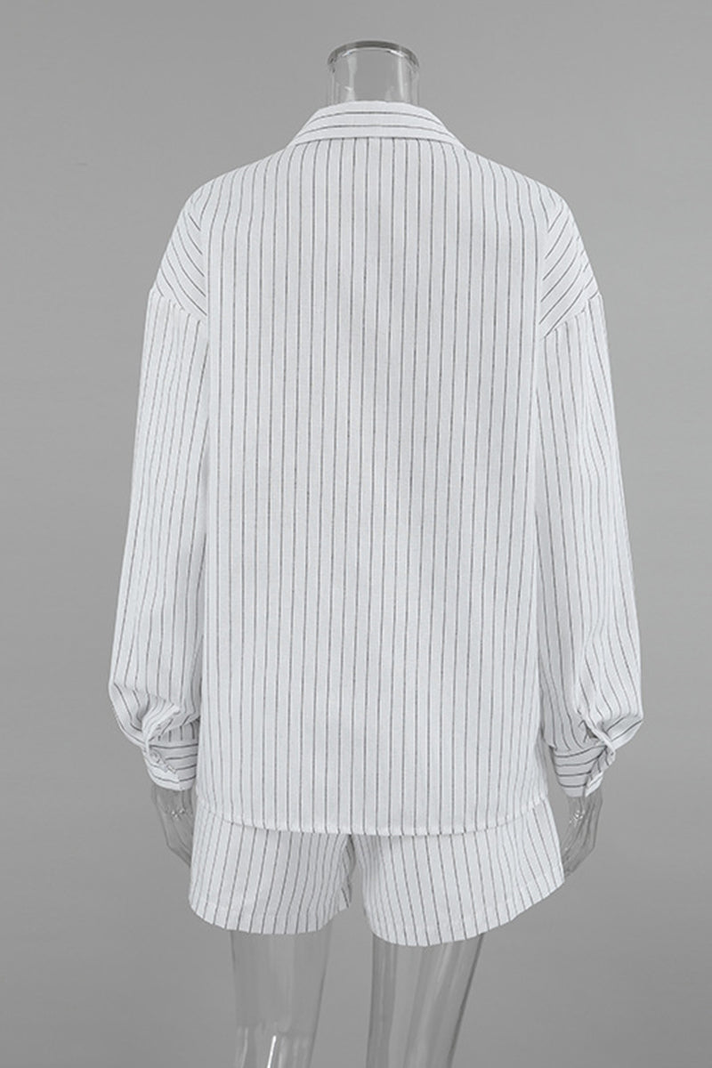 Daily Striped Print Pocket Buttons Turndown Collar Long Sleeve Two Pieces