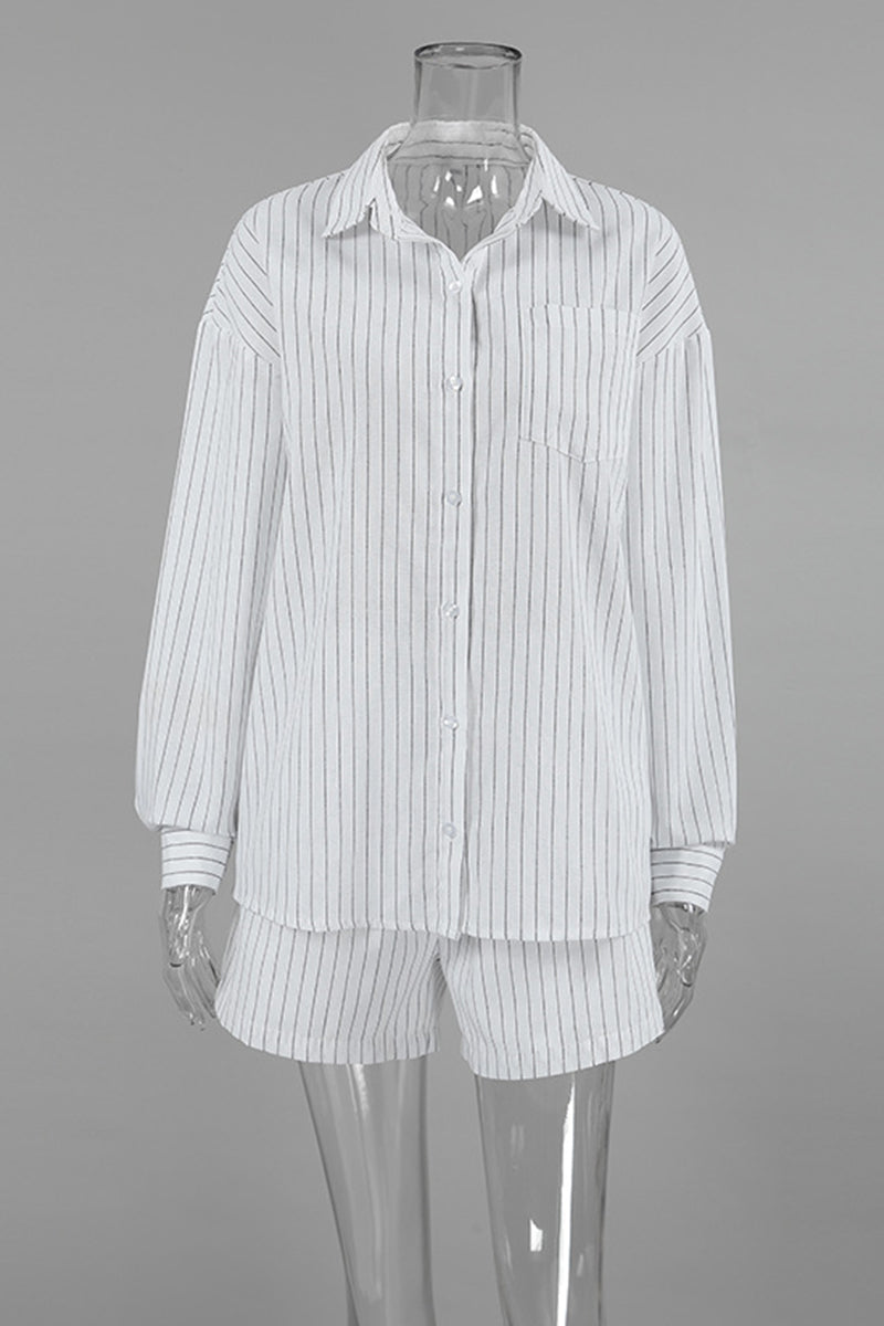 Daily Striped Print Pocket Buttons Turndown Collar Long Sleeve Two Pieces