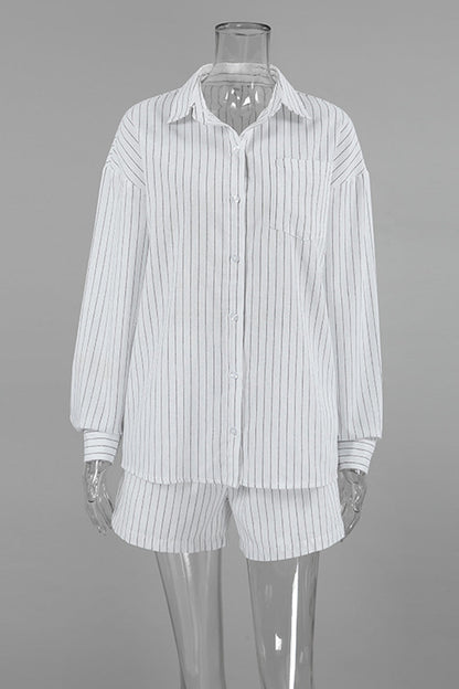 Daily Striped Print Pocket Buttons Turndown Collar Long Sleeve Two Pieces