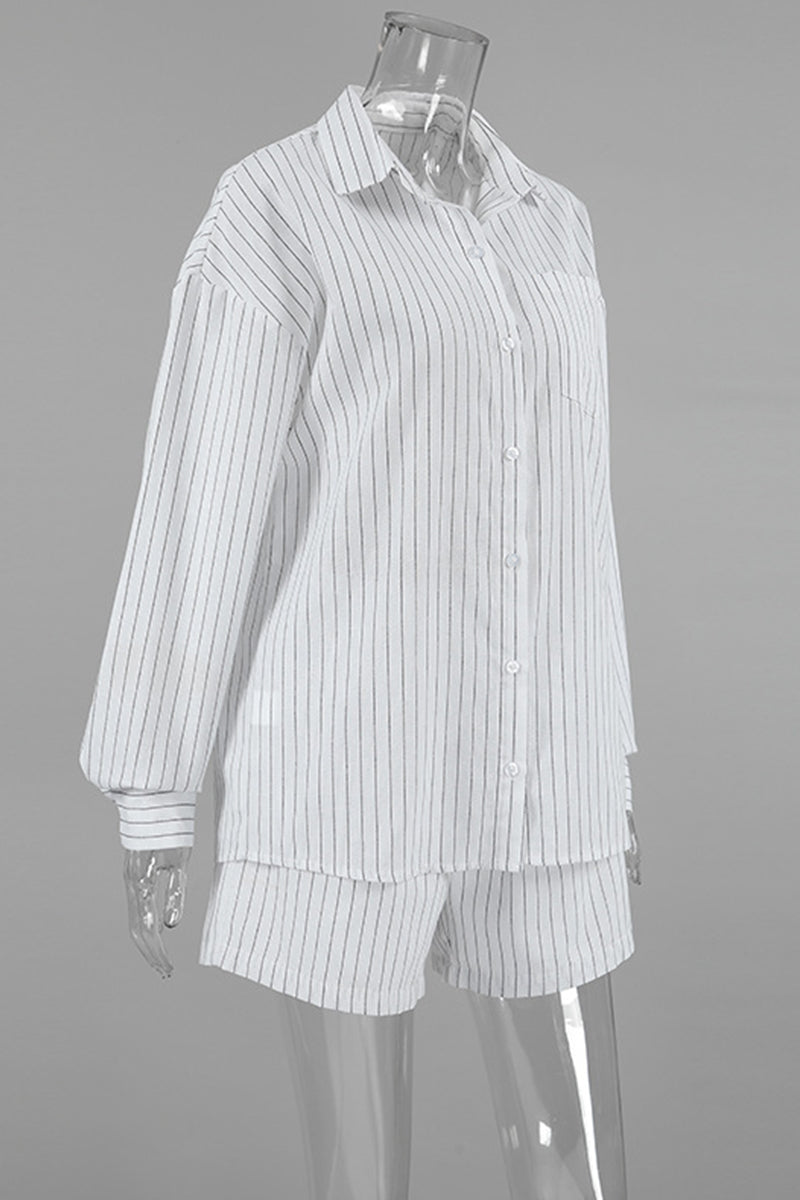 Daily Striped Print Pocket Buttons Turndown Collar Long Sleeve Two Pieces