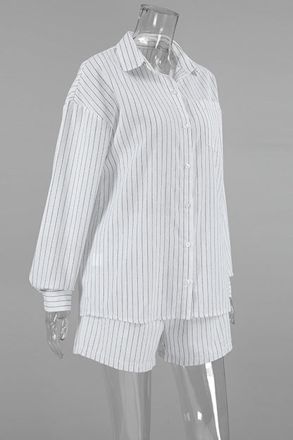 Daily Striped Print Pocket Buttons Turndown Collar Long Sleeve Two Pieces