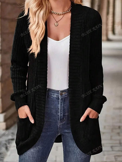 Color Knit Cardigan With Pockets Soft Cozy