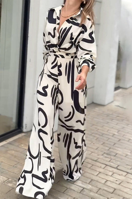Street Geometric Print Lace Up Turndown Collar Loose Jumpsuits