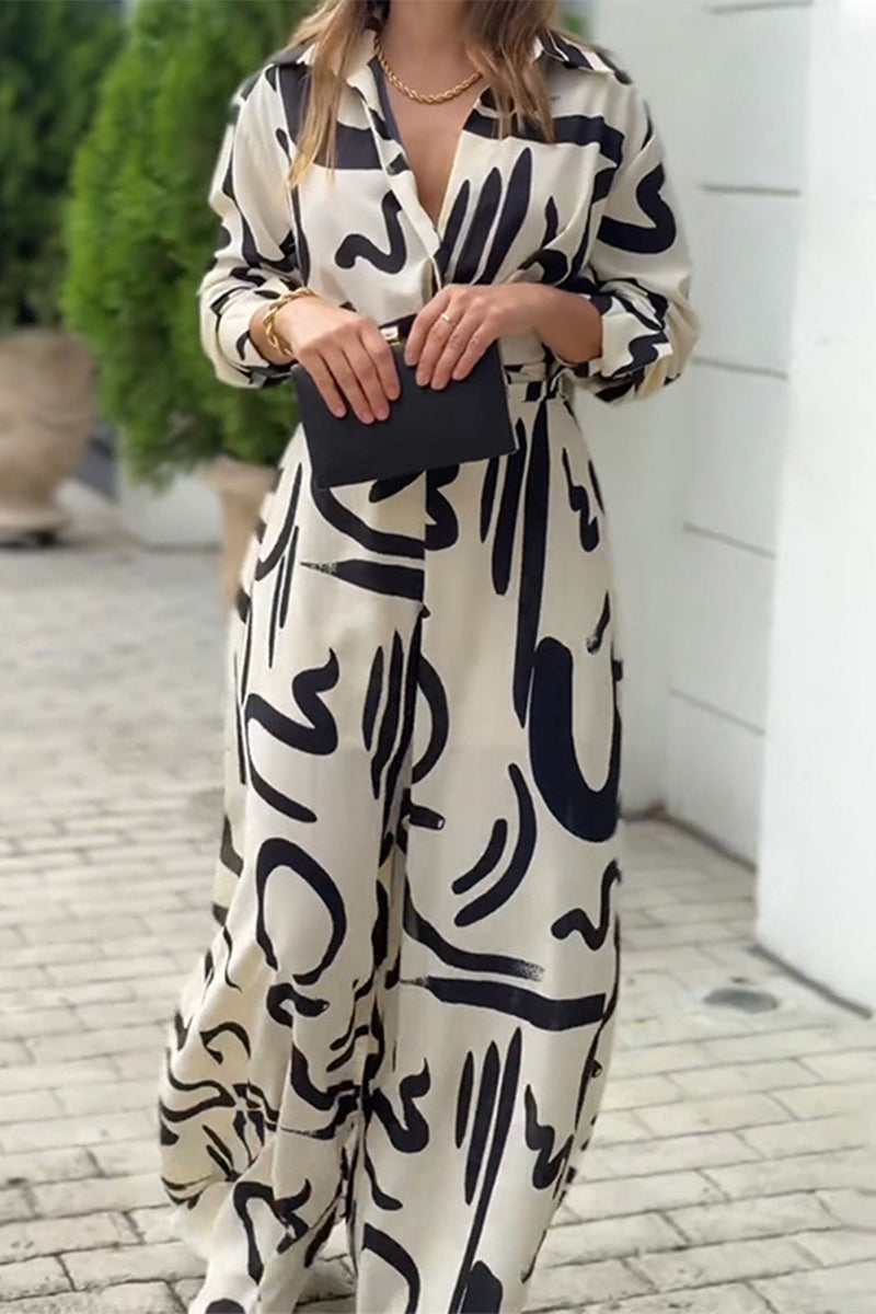 Street Geometric Print Lace Up Turndown Collar Loose Jumpsuits