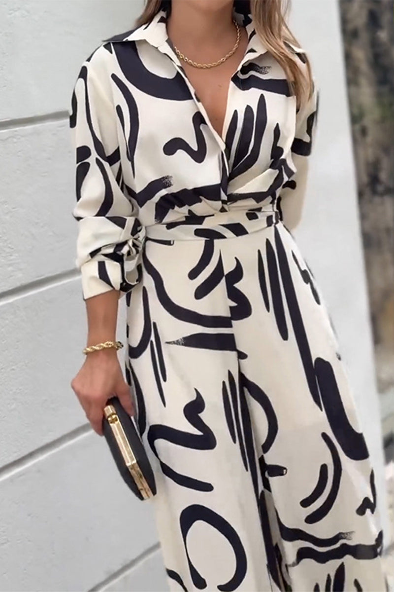 Street Geometric Print Lace Up Turndown Collar Loose Jumpsuits
