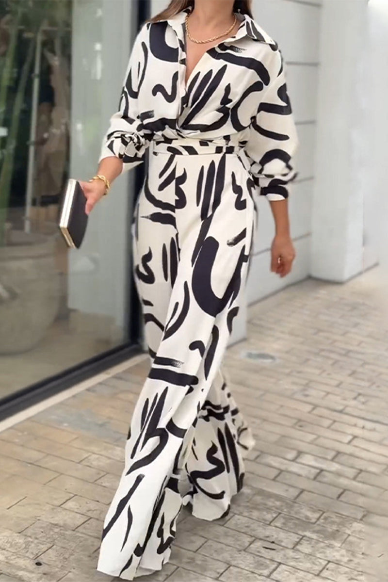Street Geometric Print Lace Up Turndown Collar Loose Jumpsuits
