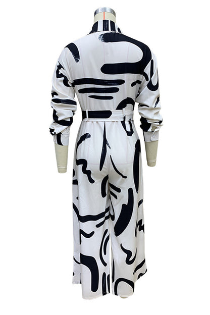 Street Geometric Print Lace Up Turndown Collar Loose Jumpsuits