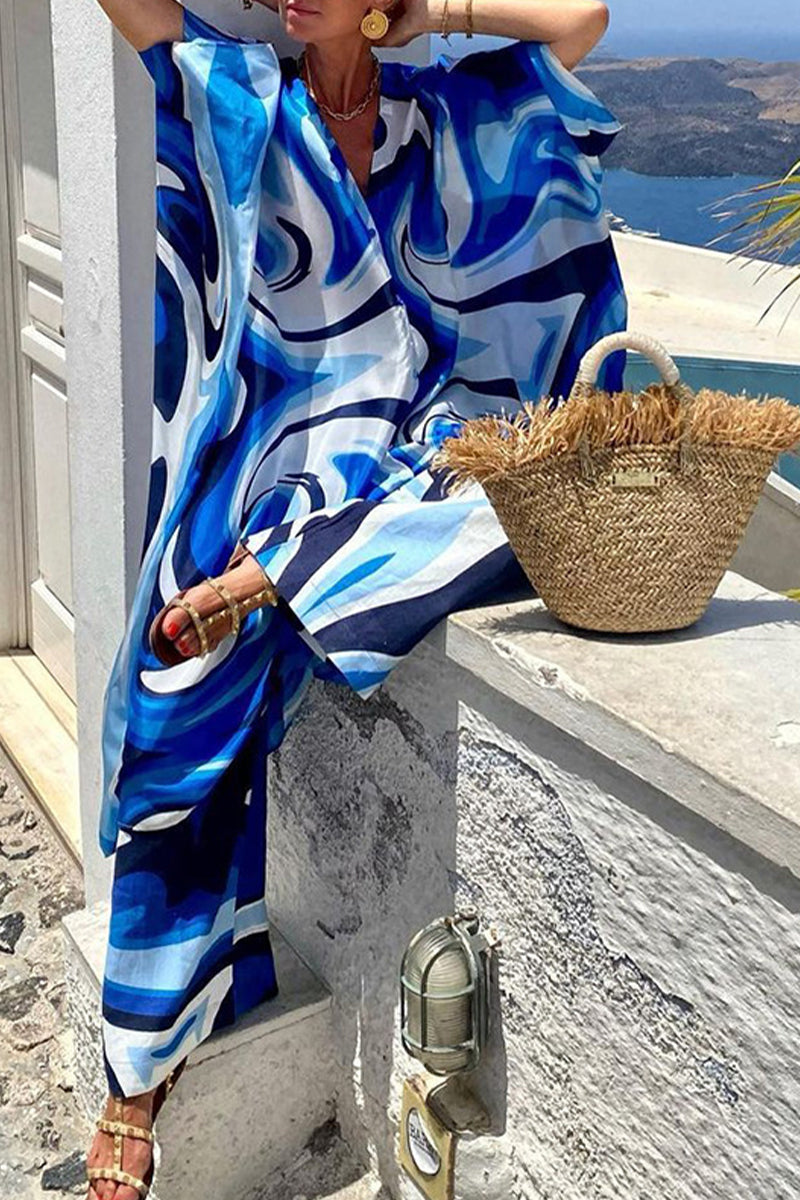 Vacation Tie Dye Print Patchwork V Neck Half Sleeve Two Pieces